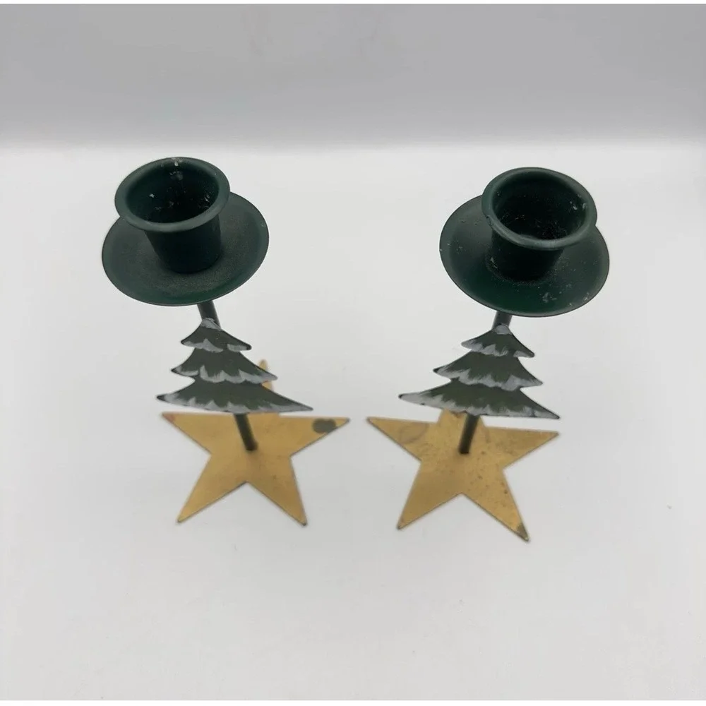 Vintage Metal Christmas Tree Taper Candle Holders‎ Set of 2 Star Base Green Gold